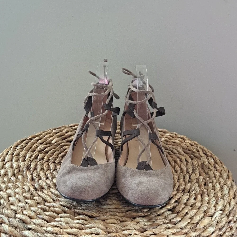 FS/NY French Sole Womens Taupe Suede Elastic/String Lace-up Ballet Wedge Flats 8